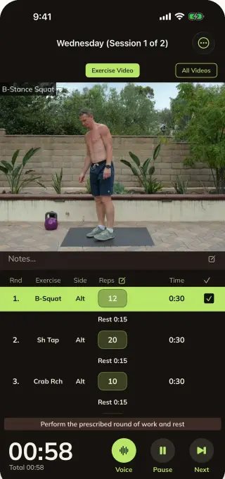 Bells and Moves guided workout with exercise video, timer, and training controls